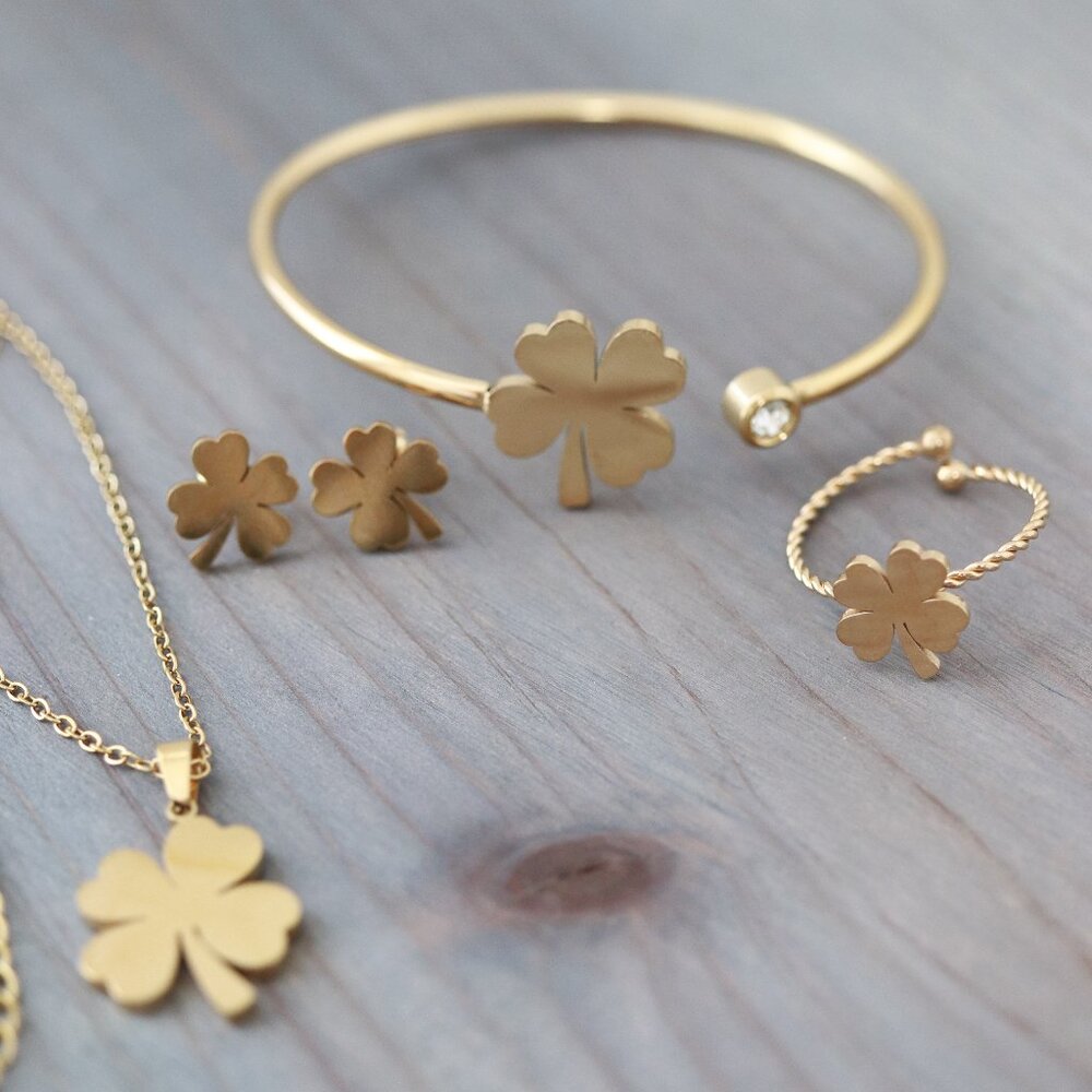 4Leaf Style Clover 4pcs Jewelry Set 18k Gold Plated Stainless Steel  N/B/R/E